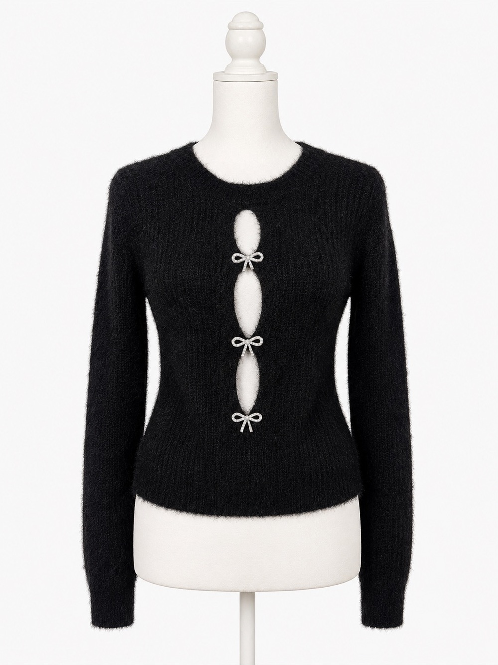 Madden Girl Black Fuzzy Crewneck Sweater with Front Cutouts and Bow Details Med